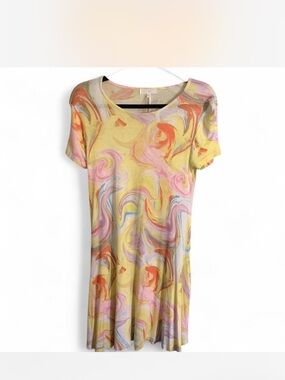 Women’s groovy Sheer Yellow Swirl Print Short Sleeve Dress size M